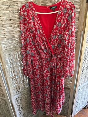 Ralph Lauren Red Floral Wrap Top with Tie Waist
